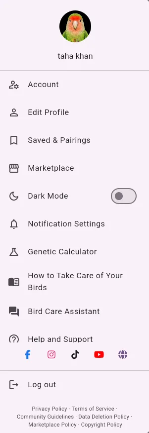 App menu with Genetic Calculator, care guide, Bird Care Assistant and Marketplace