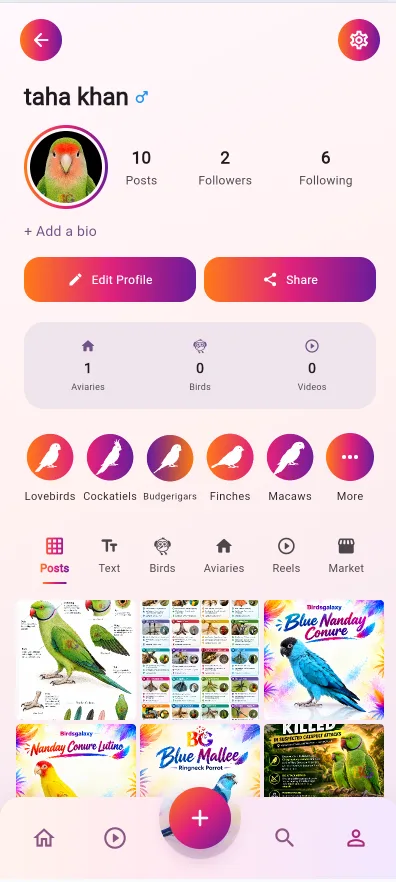 Profile screen showing posts, aviaries, birds and videos