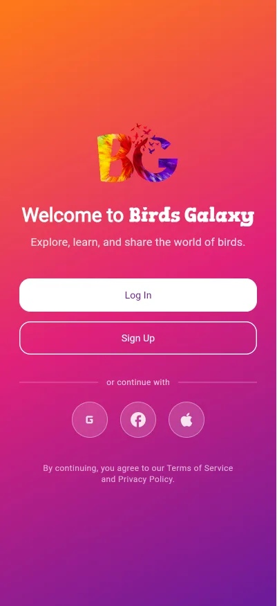 Birds Galaxy welcome screen with Log In and Sign Up buttons